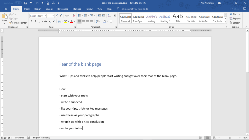 overcoming fear of the blank page - list your tips